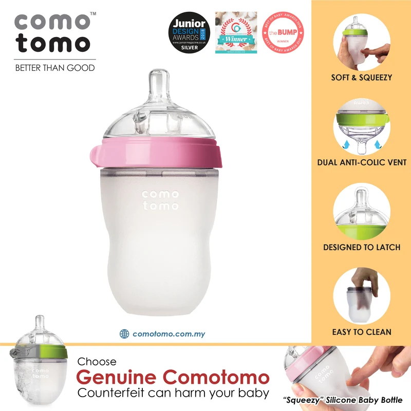 Comotomo Natural Feel Anti-Bacterial Heat Resistance Silicon Baby Bottle 250ml (Pink)
