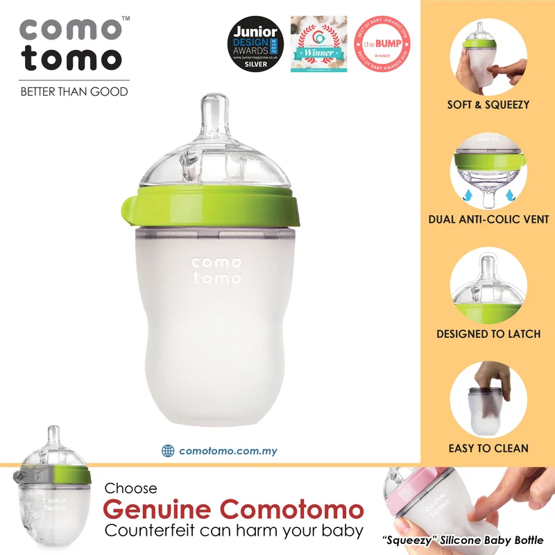 Comotomo Natural Feel Anti-Bacterial Heat Resistance Silicon Baby Bottle 250ml (Green)
