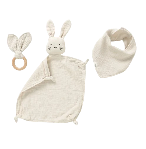 NUDU BABY bawełniany komforter przytulanka + gryzak i śliniak KRÓLIK 28 cm