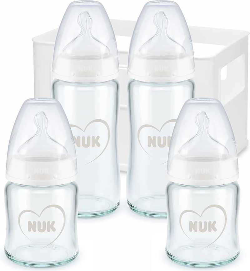 NUK First Choice+ zestaw startowy 4 SZKLANE butelki + koszyk organizer 0-6 m