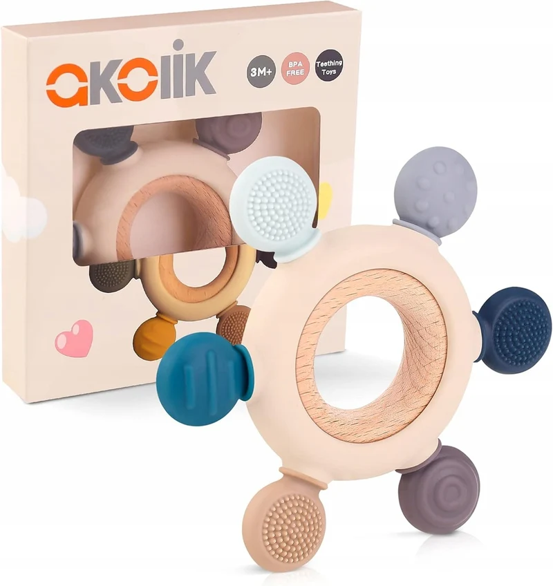 AKOLIK silikonowo-drewniany gryzak masujący 10,8 cm 3 m+