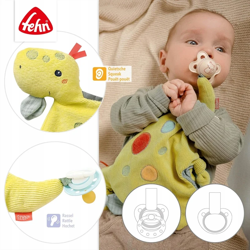 FEHN Happy Dino komforter przytulanka DINOZAUR 30 cm uchwyt smoczka