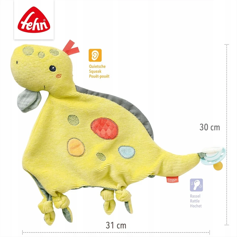 FEHN Happy Dino komforter przytulanka DINOZAUR 30 cm uchwyt smoczka