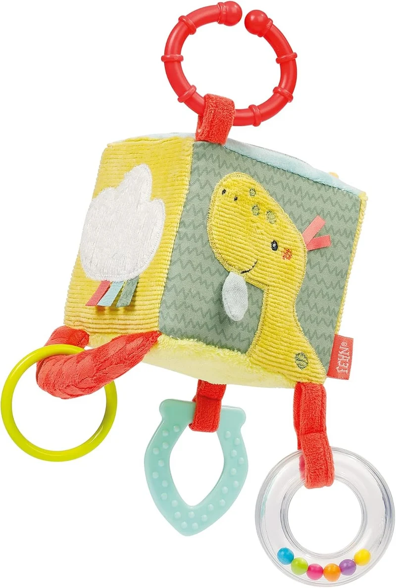 FEHN Happy Dino pluszowa zawieszka kostka z grzechotką 10 x 10 cm