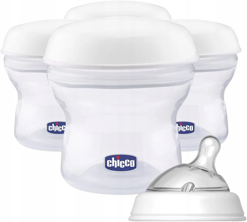 CHICCO pojemniki na mleko 4 x 150 ml + smoczek z nakrętką