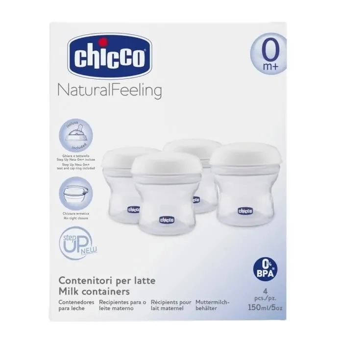 CHICCO pojemniki na mleko 4 x 150 ml + smoczek z nakrętką