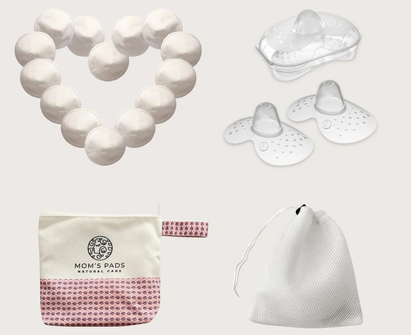 MOM'S PADS bambusowe wkładki laktacyjne x14 + worek do prania, kosmetyczka